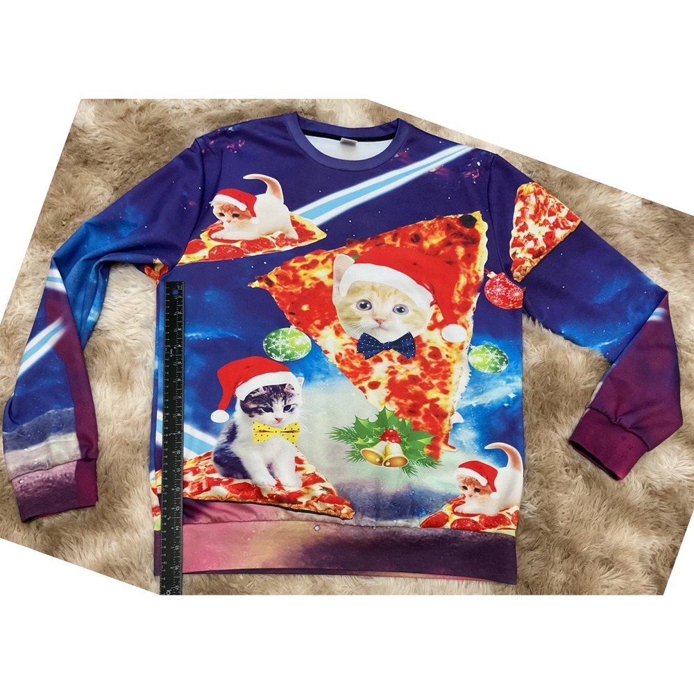 Christmas Space Cat Pizza Galaxy Graphic Sweatshirt Purple Holiday Unisex L - Picture 5 of 5